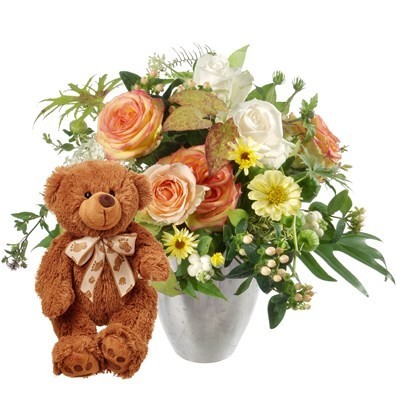 Doux bouquet de saison avec ours en peluche (brun)