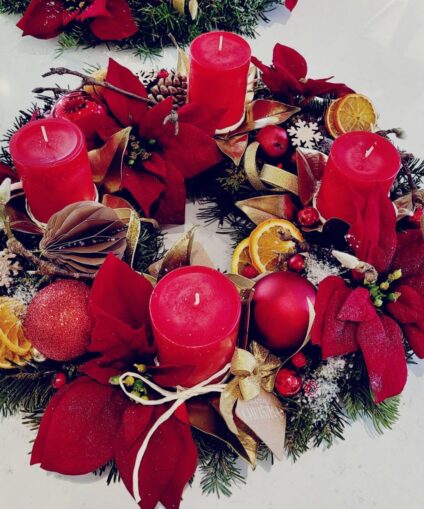 Couronne de l’Avent – Naturelle, Tons Rouges, Sapin & Tranches d’Orange